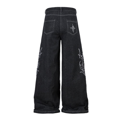 Embroidered Denim Baggy Joggers